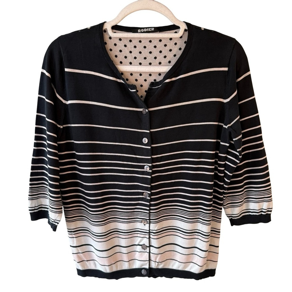 Rodier Black and White Polka Dot Striped Top Size M French Silk Blend Classic